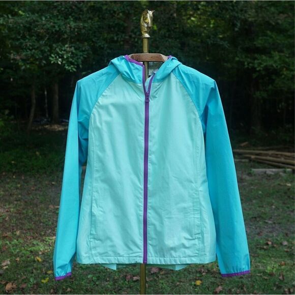 Lands’ End Girl’s Teal Blue Hooded Windbreaker Jacket - Picture 1 of 7